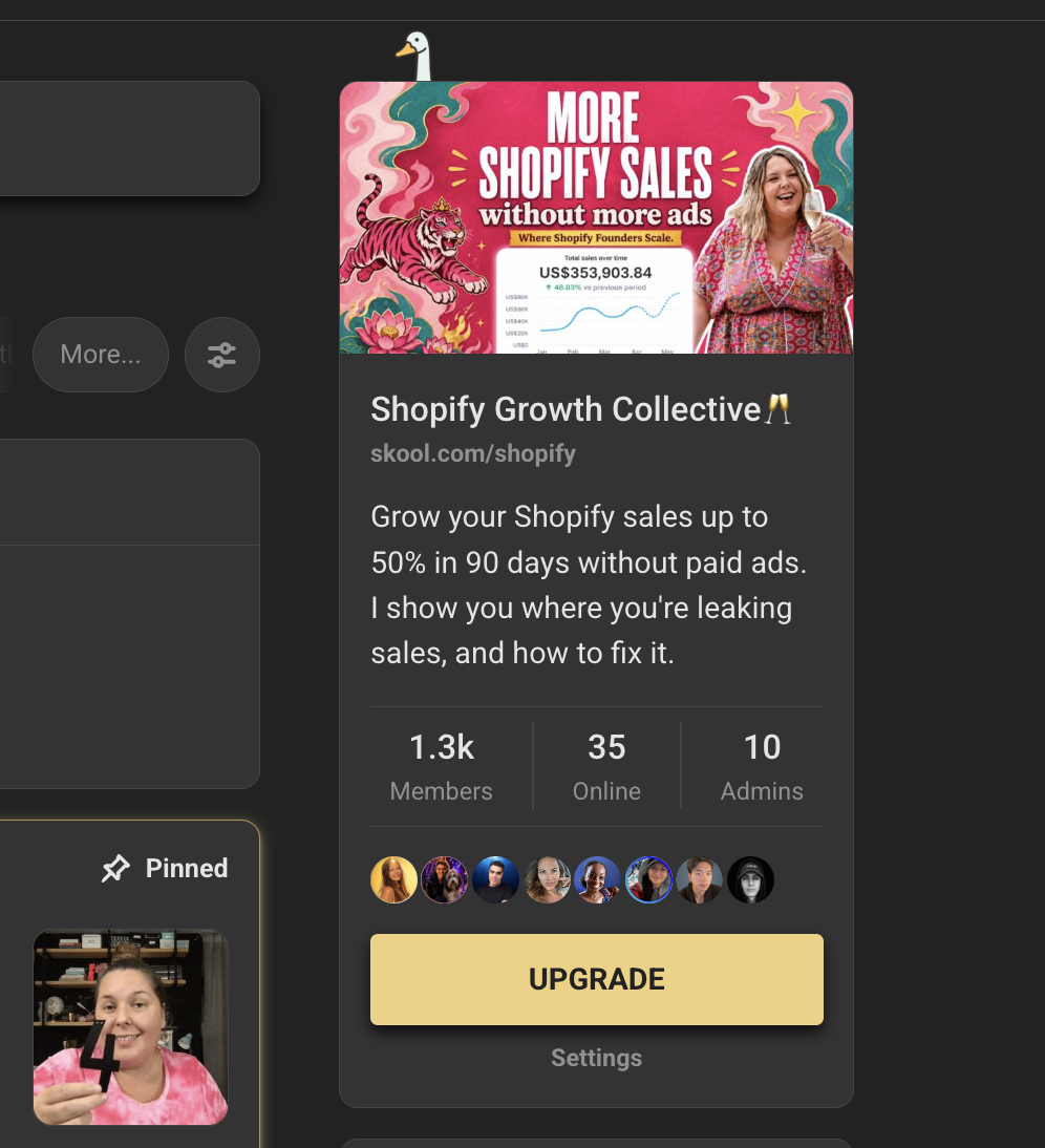 The yellow Upgrade button inside the Shopify Growth Collective community